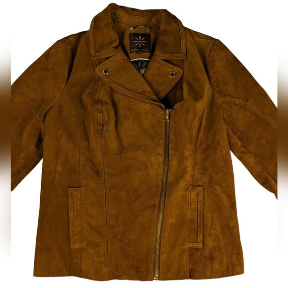 Isaac Mizrahi Camel Brown Suede Leather Asymmetrical Zip Moto Jacket - Size 10 - Picture 4 of 8